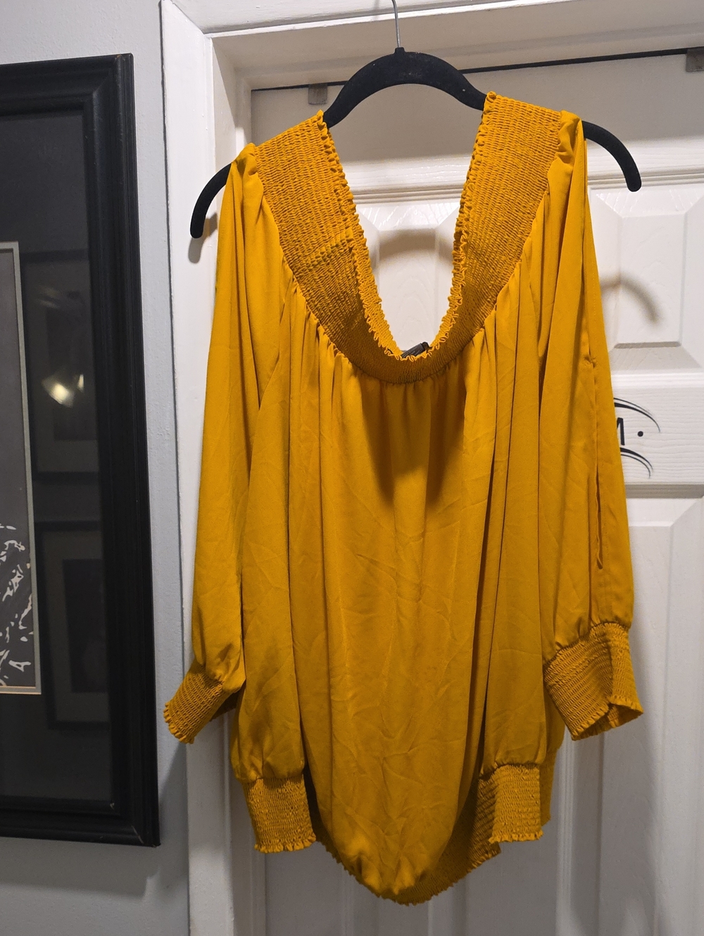 Ashley Stewart Mustard Yellow Off-the-Shoulder Smocked-Neck Top